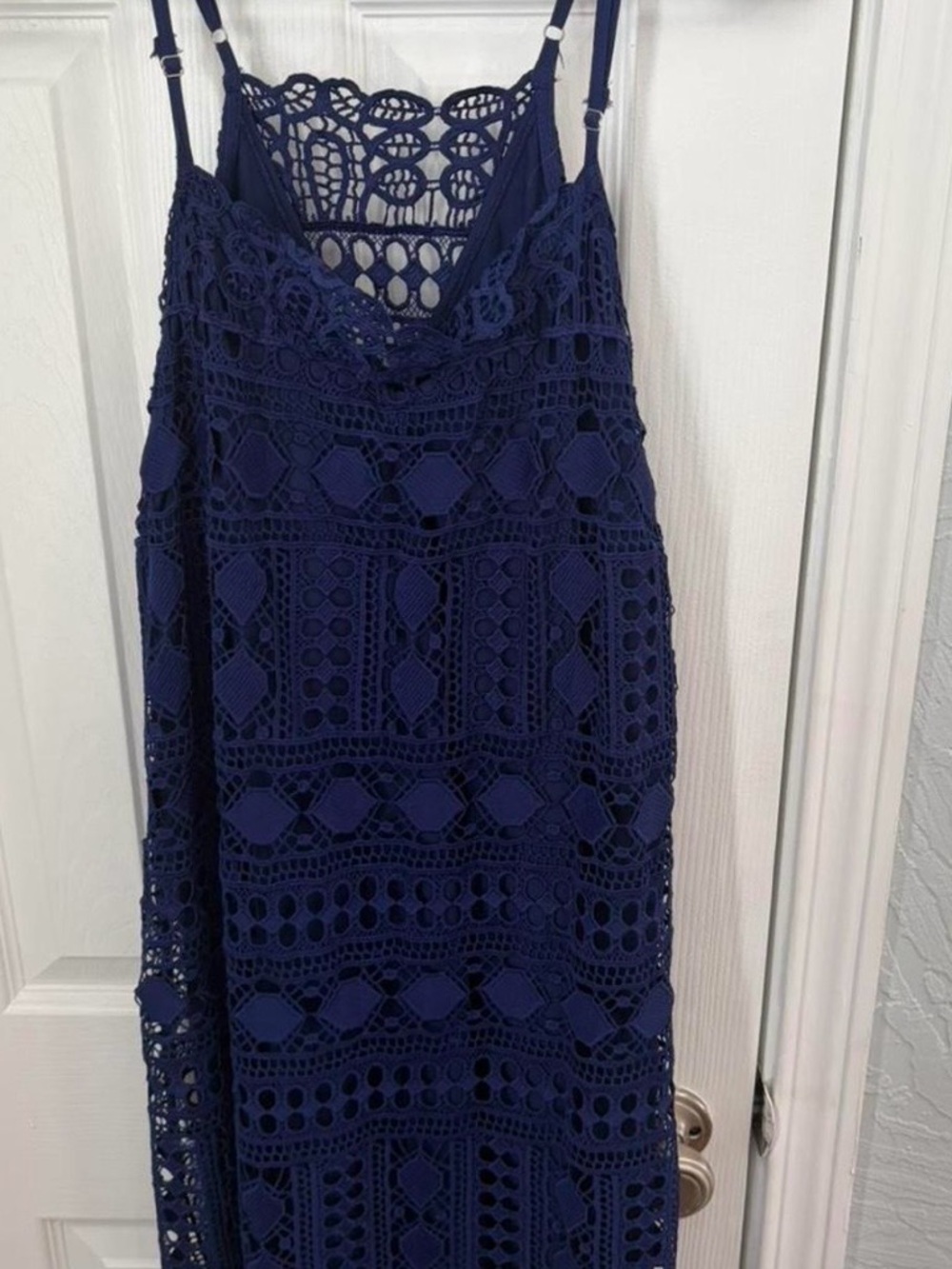 Francesca's Collections Navy Blue Strapless Crochet Lace Dress